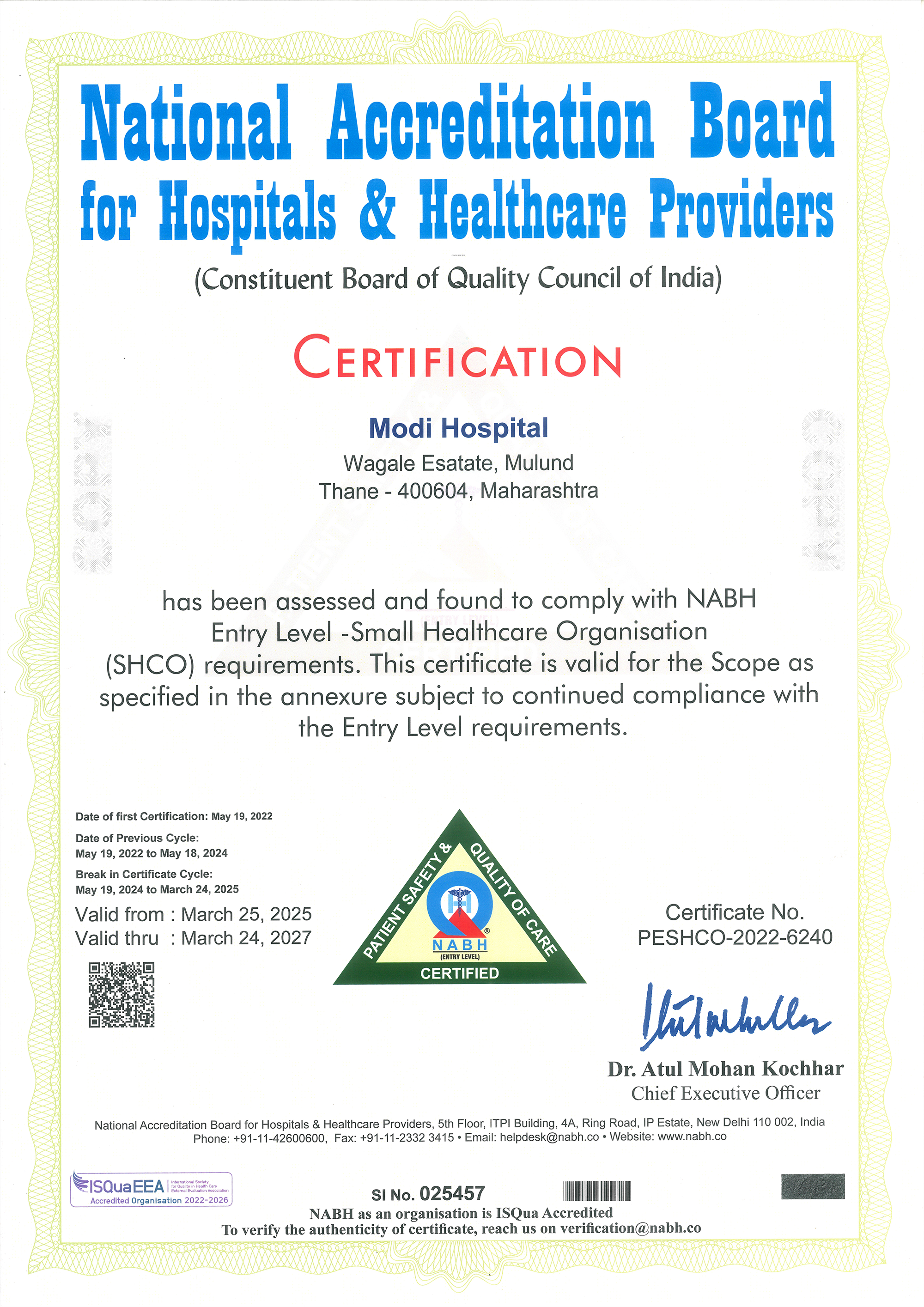 Modi Hospital NABH Certificate